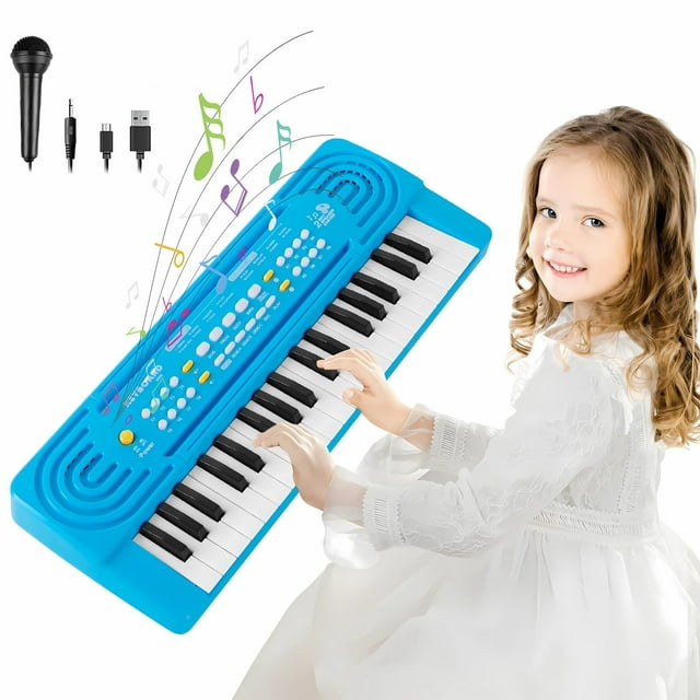 Teclado de piano Toy TWFRIC de 37 teclas con micrófono para niños, color azul