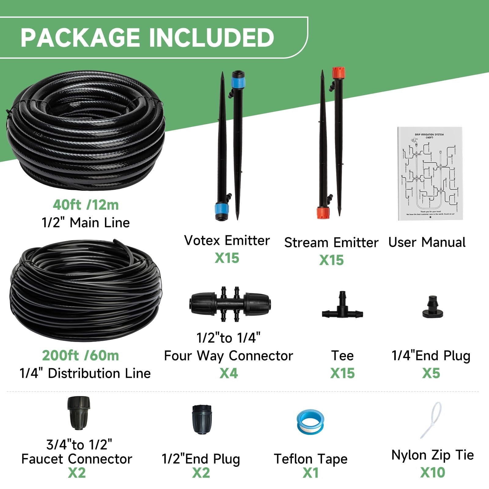 50/ 100/ 240FT Drip Irrigation System Kit Automatic Garden Watering System for Plant Greenhouse Yard Lawn