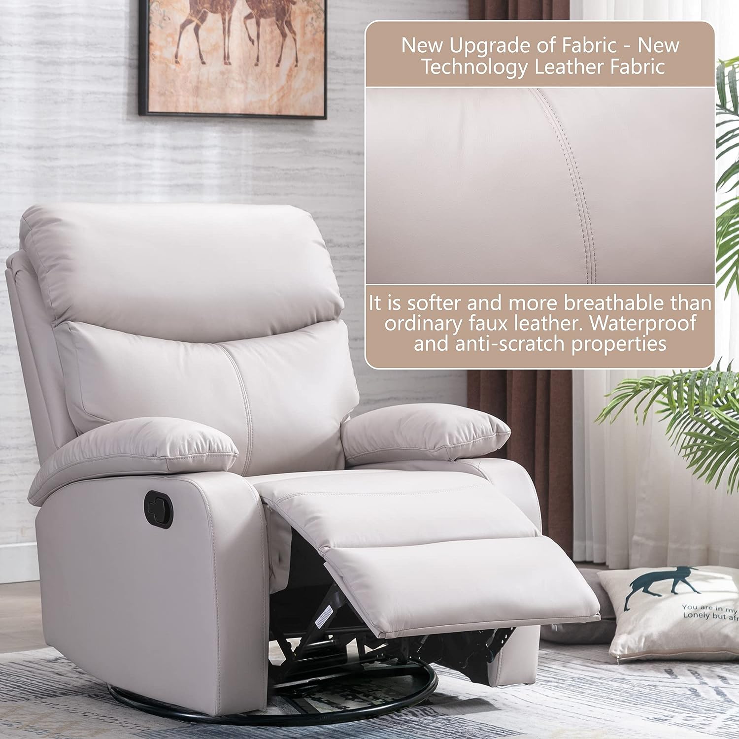 Hzlagm Beige Swivel Rocking Recliner Chair with New Technology Fabric ...