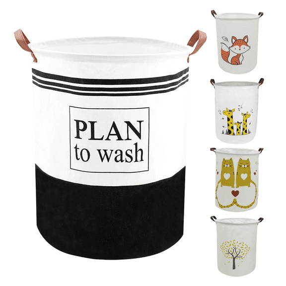 Laundry Basket, Collapsible Large Laundry Hamper Waterproof with Leather Handle, Dirty Clothes, Baby Kids Toy Storage Baskets Dorm, Black-Line Letters