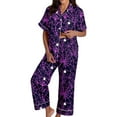 thumbnail image 4 of Halloween Pajamas Women Full Theme Printed Silk Satin 2 Pc Short Sleeve Button Down Lapel Pocket Shirts Loose Straight Casual Pants Comfy Nightwear Fall Winter Loungewear Sets Woman Purple M, 4 of 7