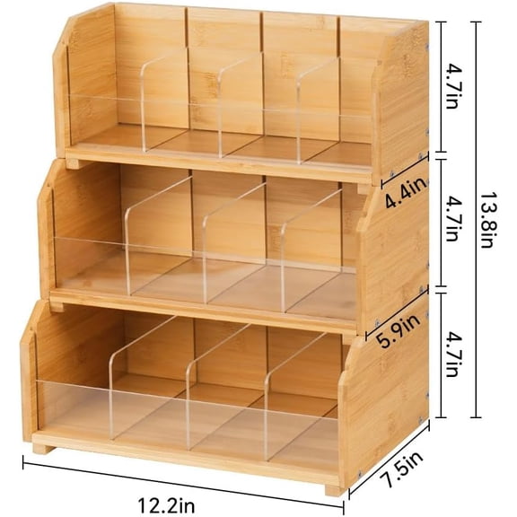 3-Tier Wooden Tea Bag Organizer Box with Adjustable Dividers, Stackable Bamboo Tea Storage Holder for Kitchen Countertop, Office Tea & Coffee Bar