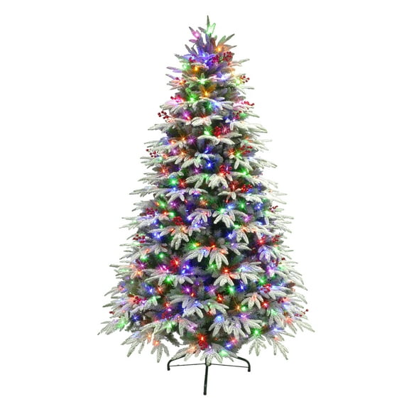 7 .5 ft Pre-lit Flock Halifax Fir Tree 2881 Tips 700 Color Select LED Lights Foot Pedal