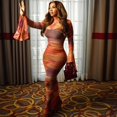 thumbnail image 4 of Women's Long Flare Sleeve Pleated Gauze Spliced Dress, O-Neck, Hips Wrapped, Sexy, 4 of 17