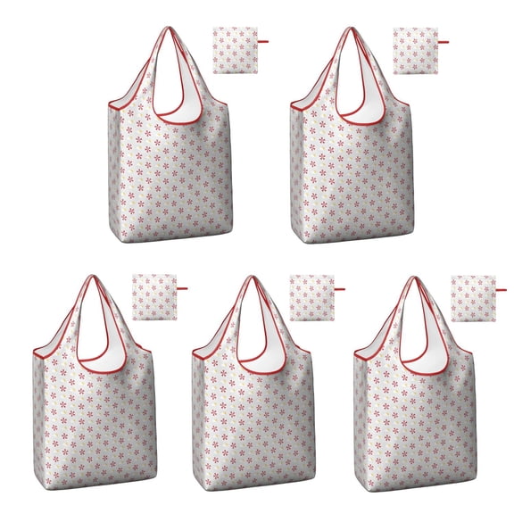 5 Pack Foldable Shopping Bag,Red and Yellow Christmas Pattern Reusable Grocery Bags with Pockets,Large Reusable Tote Bags with Handles Waterproof & Lightweight