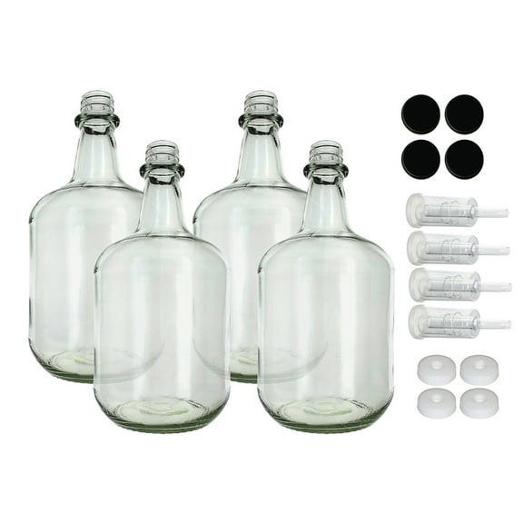 3L Jug Flint - White Cap with Hole, Econo Three-Piece Airlock, and Black Metal Cap Pack of Four