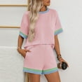 thumbnail image 5 of Short Sets for Women 2 Piece Knit Beach Vacation Color Block Crew Neck T Shirt Shorts Summer Lounge Sets, 5 of 5