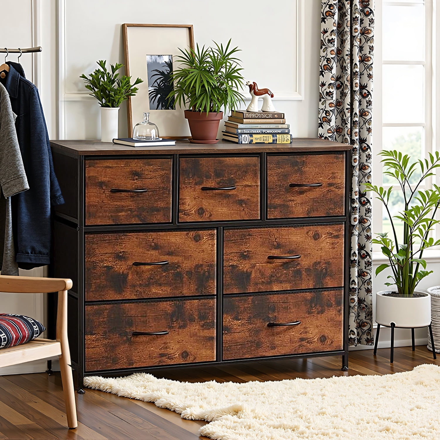Simenmax 7 Drawer Dresser for Bedroom, Fabric Storage Dresser for Bedroom, Wood and Metal Dresser TV Stand for Living Room, Storage Tower with Bins, Chest of Drawers for Closet, Hallway,Brown