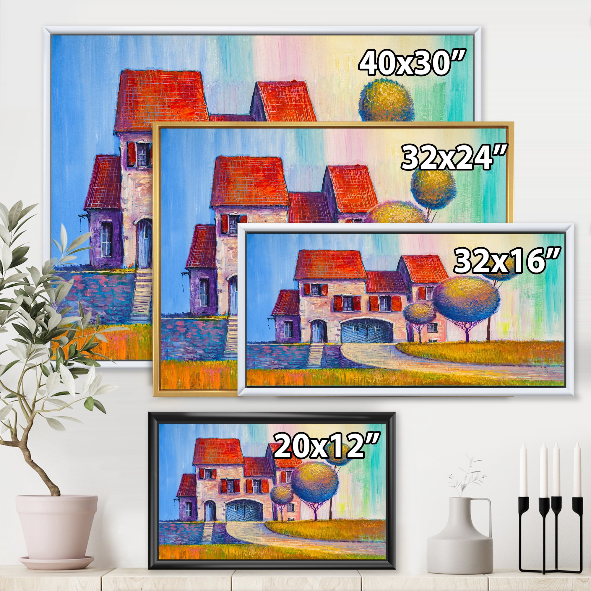 Designart 'A Red Roof House With In The Village' Modern Framed Canvas Wall Art Print