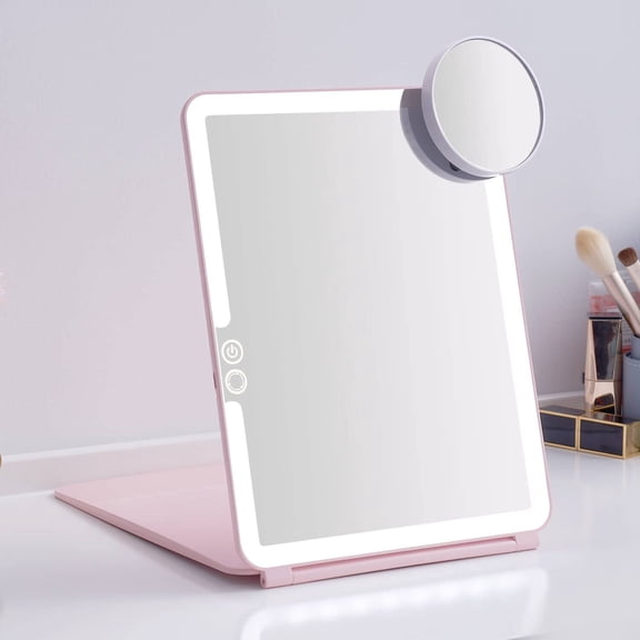 LED Foldable Travel Makeup Mirror - 7x9 inches 3 Colors Light Modes USB Rechargeable Touch Screen, Portable Tabletop Cosmetic Mirror for Travel, Cosmetic, Office (Pink)