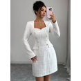 thumbnail image 5 of White Tweed Sweetheart Neck Long Sleeve Tailored Short Dress For Women, 5 of 7