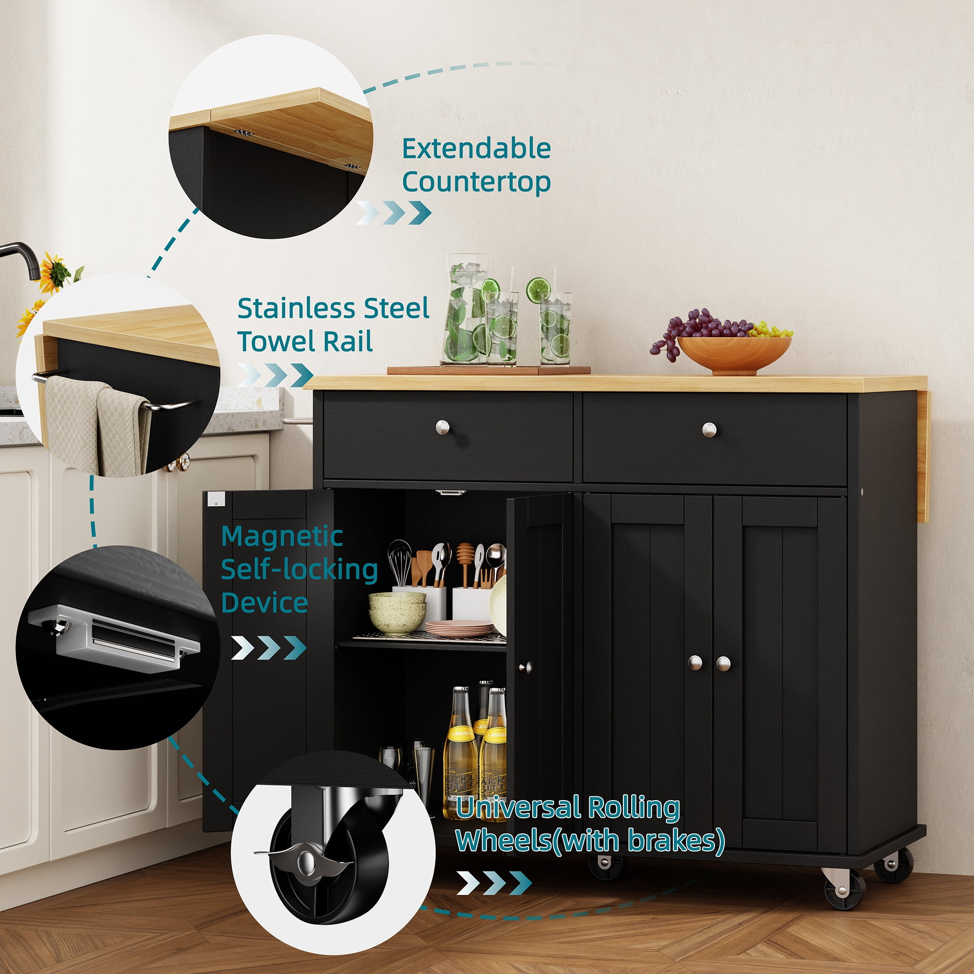 Walsunny Kitchen Islands Carts with Drop Leaf Table 2 Drawers 5 Wheels 4 Magnetic Doors Rolling Storage Cabinet Black