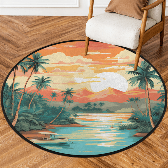 CURLYOOT Round Rug 3ft Beach Ocean Tropical Hawaiian Coastal Area Rug, Washable Circle Mat Non Slip Floor Carpet Mat, Soft Indoor Rugs for Entryway Living Room Dining Room Bedroom