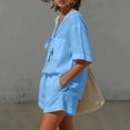 thumbnail image 6 of Linen Sets for Women 2 Piece Short Sleeve Tops and Wide Leg Shorts Summer Casual Fashion Beach Outfits Blue M, 6 of 7