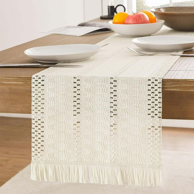 Camino de Mesa Bohemio de Lino y Macramé con Borlas, 30 X 180 Cm | Tejido de Mezcla de Lino y Algodón | Mantel Decorativo Beige para Comedor y Dormitorio | Decoración Rústica Bohemia para Fiestas, Bo
