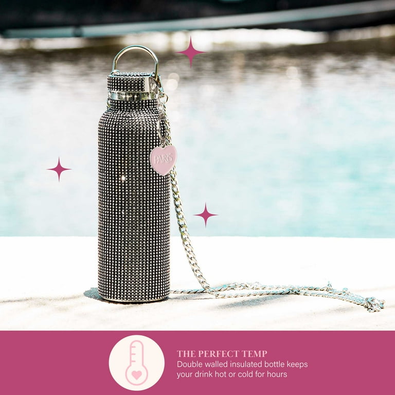 Paris Hilton Diamond Bling Water Bottle with Lid and Removable Carrying Strap, Stainless Steel Vacuum Insulated, Bedazzled with Over 5000