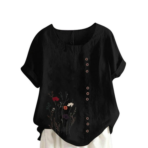 Ecqkame Cotton Linen Shirts For Women 2025 Summer Retro Embroidered Crew Neck Short Sleeve Tops Dressy Casual Trendy Button Blouse 02-Black S