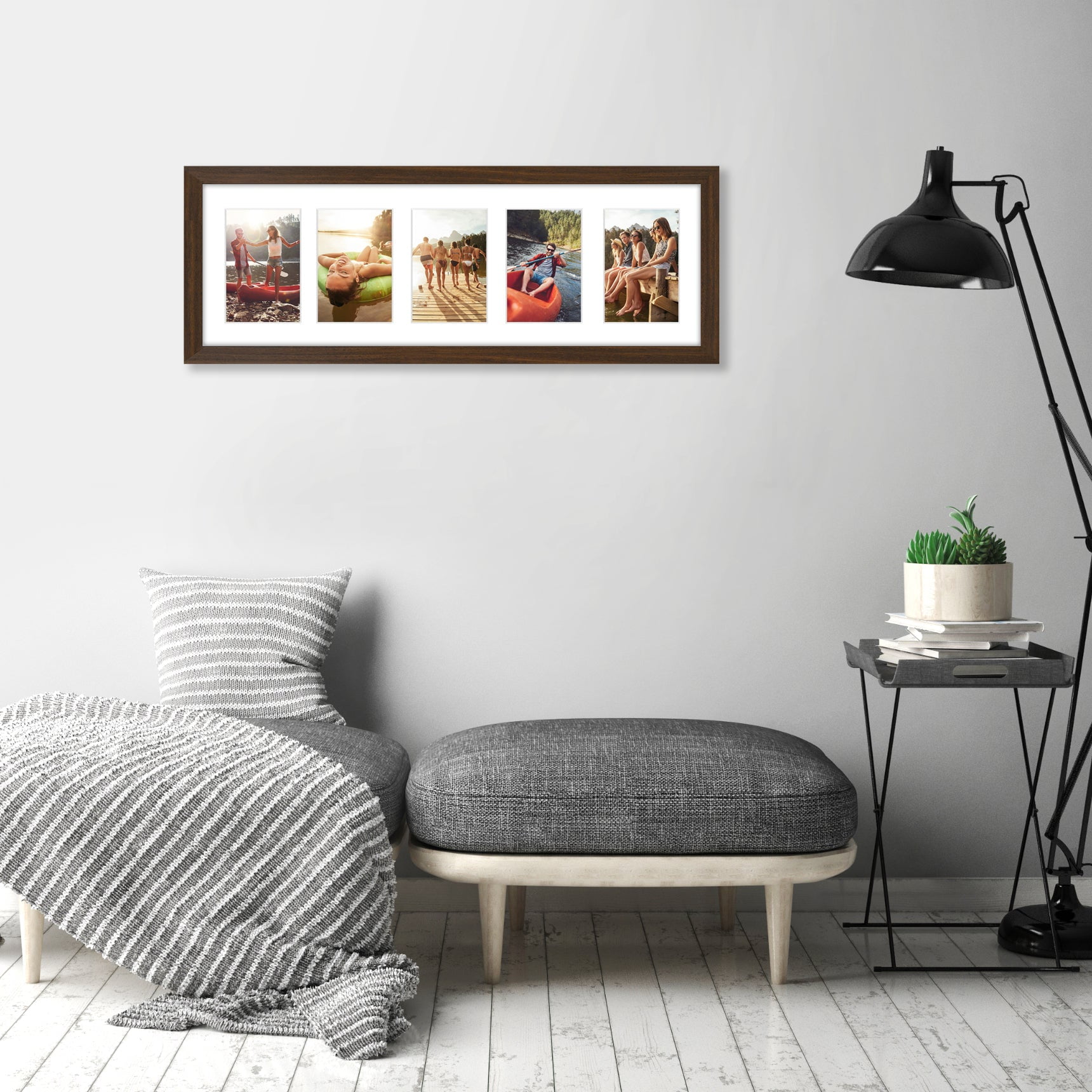 Americanflat 8x24 Collage Picture Frame with Five 4x6 Displays in Walnut - Composite Wood with Shatter Resistant Glass - Horizontal and Vertical Formats for Wall