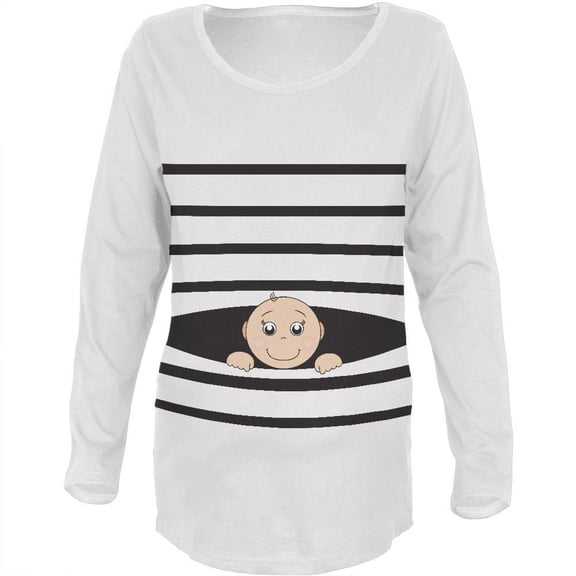 Striped Peeking Baby White Maternity Soft Long Sleeve T-Shirt - Small