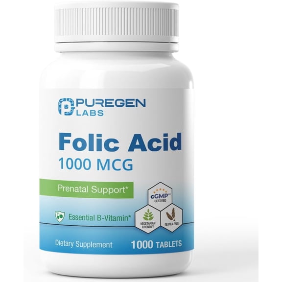 Puregen Labs Prenatal Support Folic Acid - Vitamin B9 1000 mcg - 1000 Tablets - Made in USA