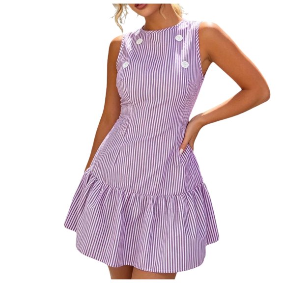 Women's Striped Mini Dress Sleeveless Crewneck Button Ruffle Hem Tank Dresses Summer Dressy Casual Sundress