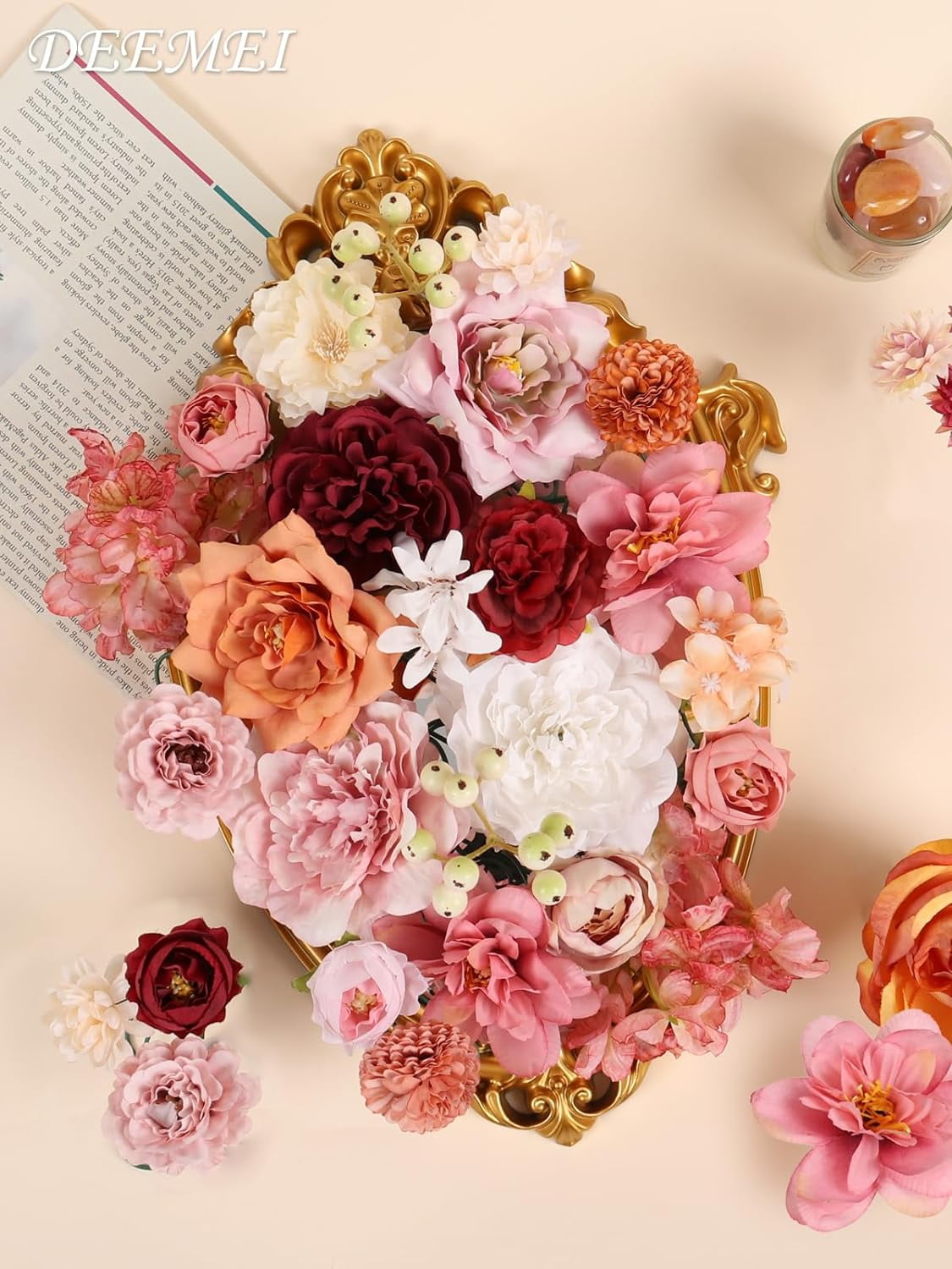 Artificial Flowers Combo Box Set Rose Silk Mix Peony Fake Flowers with Stems for DIY Bridal Wedding Bouquets Centerpieces Baby Shower Party Home Decorations Cream White