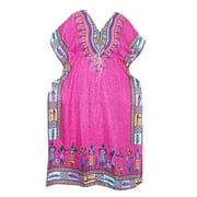 Mogul Womens Caftan Dashiki African Print Pink Maxi Night Gown
