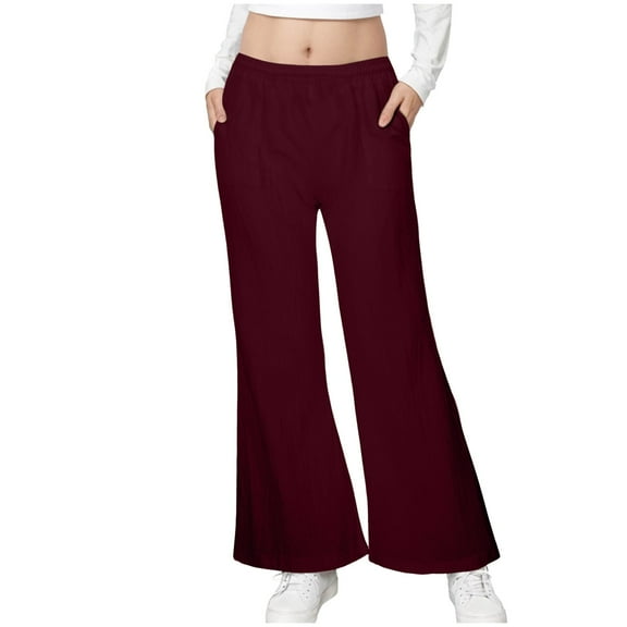 Gibobby Girl's Flare Pants Kids High Waisted Button Multiple Pockets Yoga Bootcut Pants Full Length Bell Bottoms,Wine,13-14 Years