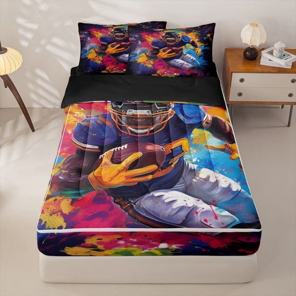 Homewish Colorful Football Player Zipper Full Size Comforter Sets with Fitted Sheet and 2 Pillowcases, Dynamic Sports Zipper Bedding Set for Men and Boys, Black Reversible, 4pcs
