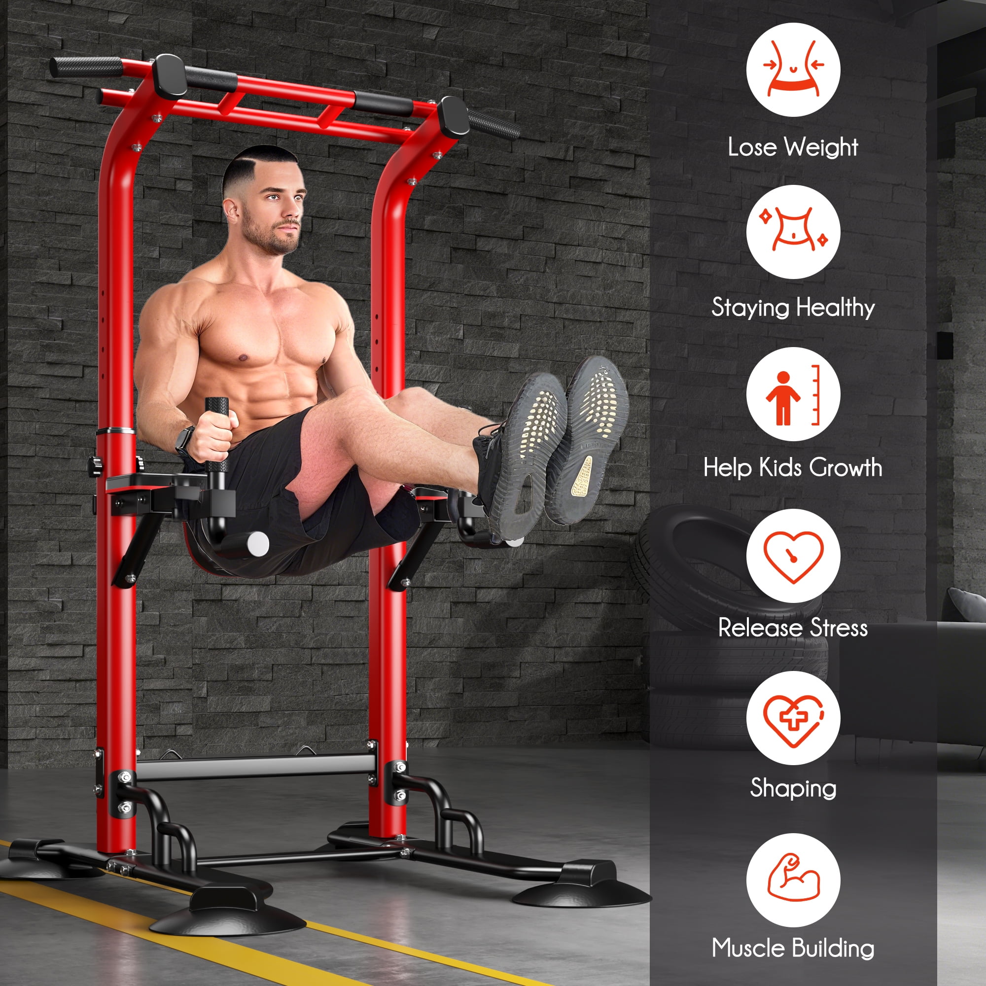 94.5"H Pull Up Bar and Dip Station, Heavy Duty 12 Adjustable Home Gym Equipment for Strength Training, Multifunctional Workout Bar with Resistance Bands – Full Body & Core Exercise 330LBS,Red