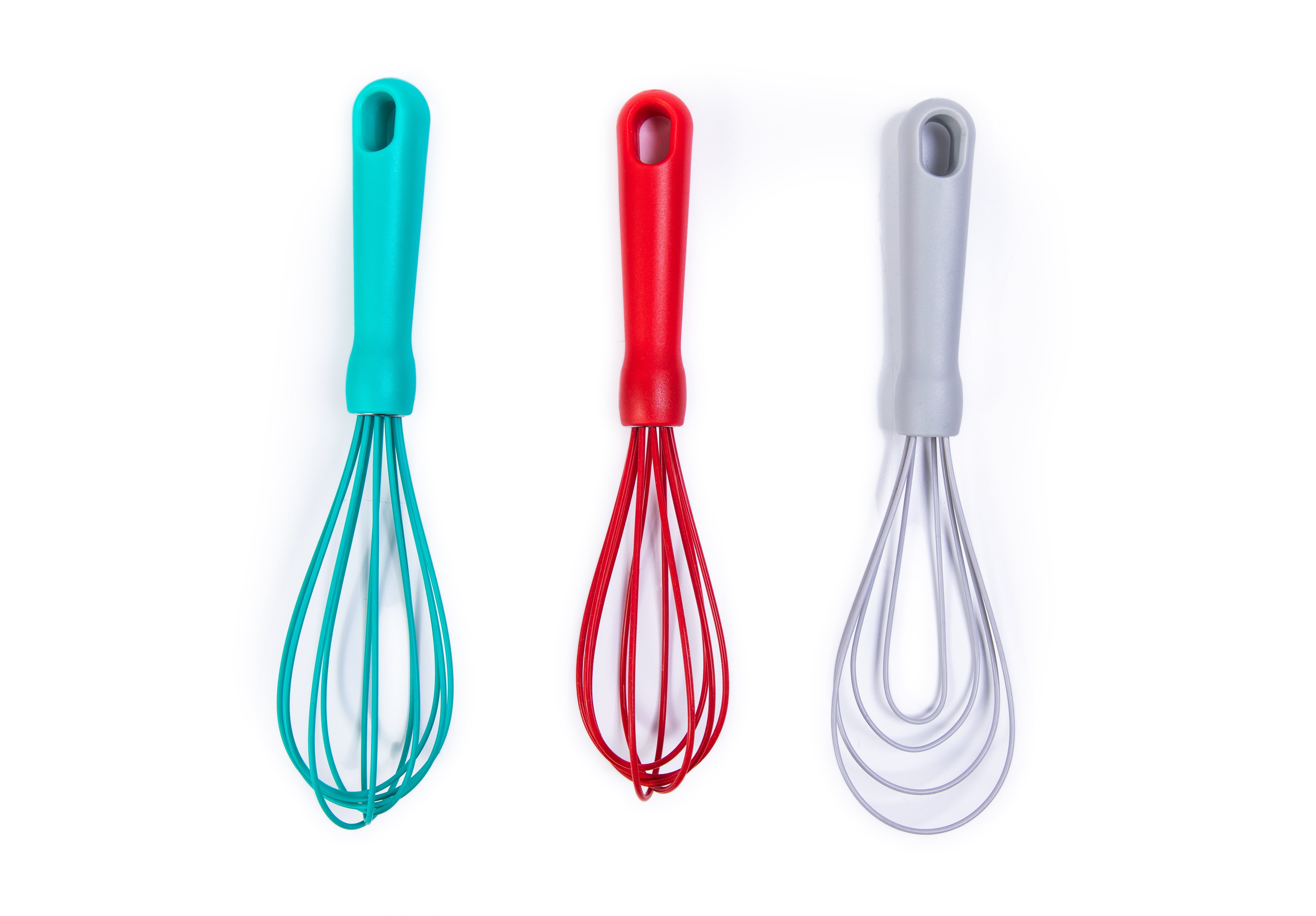 Mainstays 3pcs Silicone Whisk Set, L-10.5in/10.4in/9.6in, Red, Blue and Silver Color