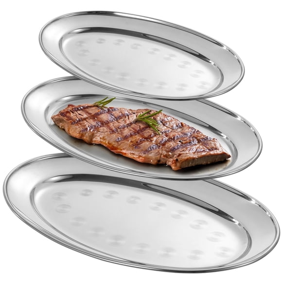 3 PCS Oval Stainless Steel Serving Platters, Food-Safe Metal Serving Platter, Large Sizzling Serving Tray, Waiter's Tray, Mirror Polished Stainless Steel Food Tray for Dinners, Parties, Restaurants
