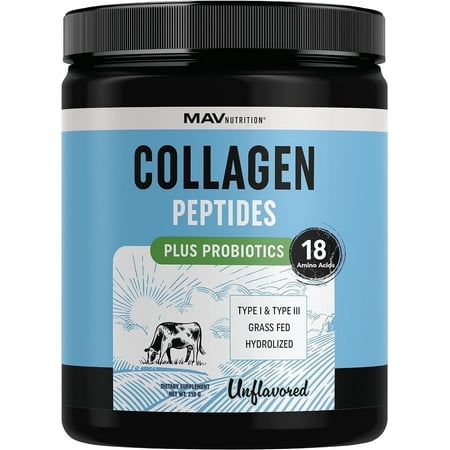 MAV Nutrition Collagen Peptides Powder + Probiotics for Men and Women | Unflavored | Hydrolyzed Collagen Supplement Powder Types I & III - Grass Fed Collagen Powder | 210g