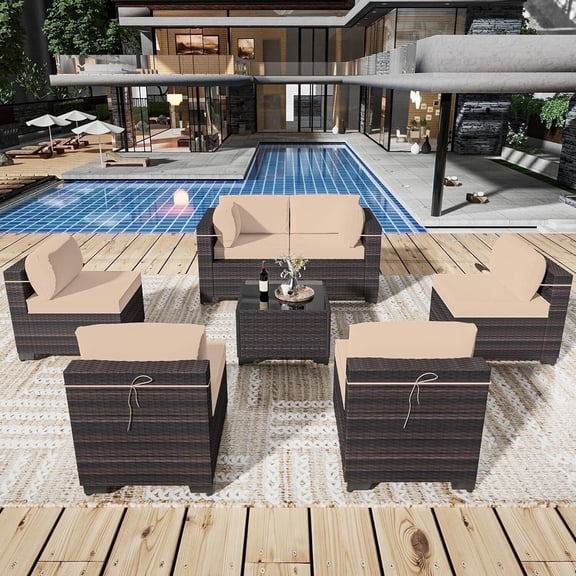 ASJMR 7 Pieces Outdoor Patio Furniture Set Outside PE Rattan Wicker Sectional Sofa Conversation Sets with Coffee Table and Sand Cushions