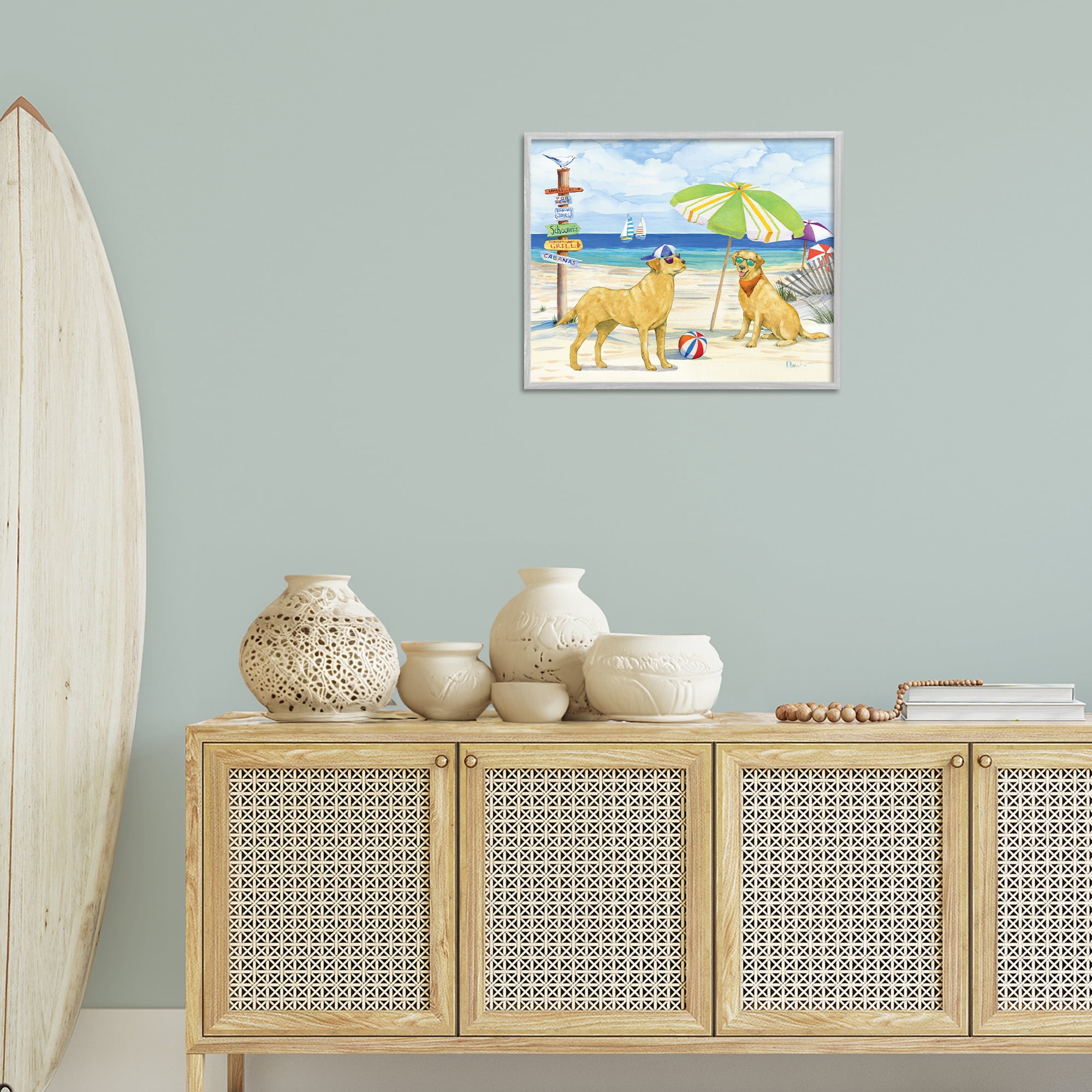 Stupell Industries Dog Day At Beach Animals & Insects Painting Gray Framed Art Print Wall Art, 20 x 16