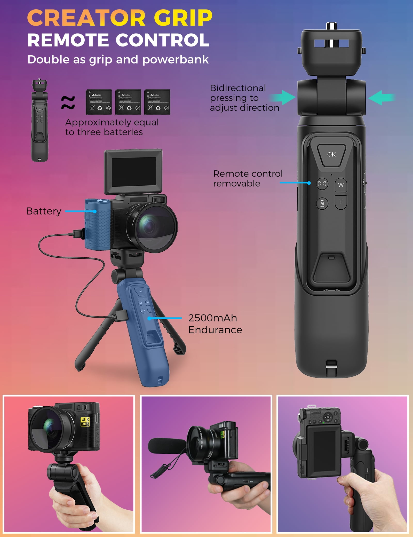 4K Digital Camera with Creator Accessory Kit 48MP Remote Control Vlogging for Vloggers Autofocus Flip Screen Photography Cameras with Tripod Grip, Wide-angle & Macro Lens, Mic