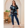 thumbnail image 3 of SHOWMALL Women's Plus Size Pleated Tunic Top, Short Sleeve Scoop Neck Shirt with Decorative Buttons, Casual Loose Fit Summer Blouse, Black Blue Lily Bouquet, Size 4X, 3 of 8