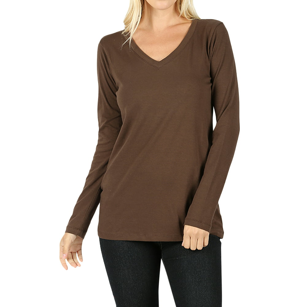 TheLovely - Women Basic Cotton Relaxed Fit V-Neck(S-3X) Long Sleeve T ...