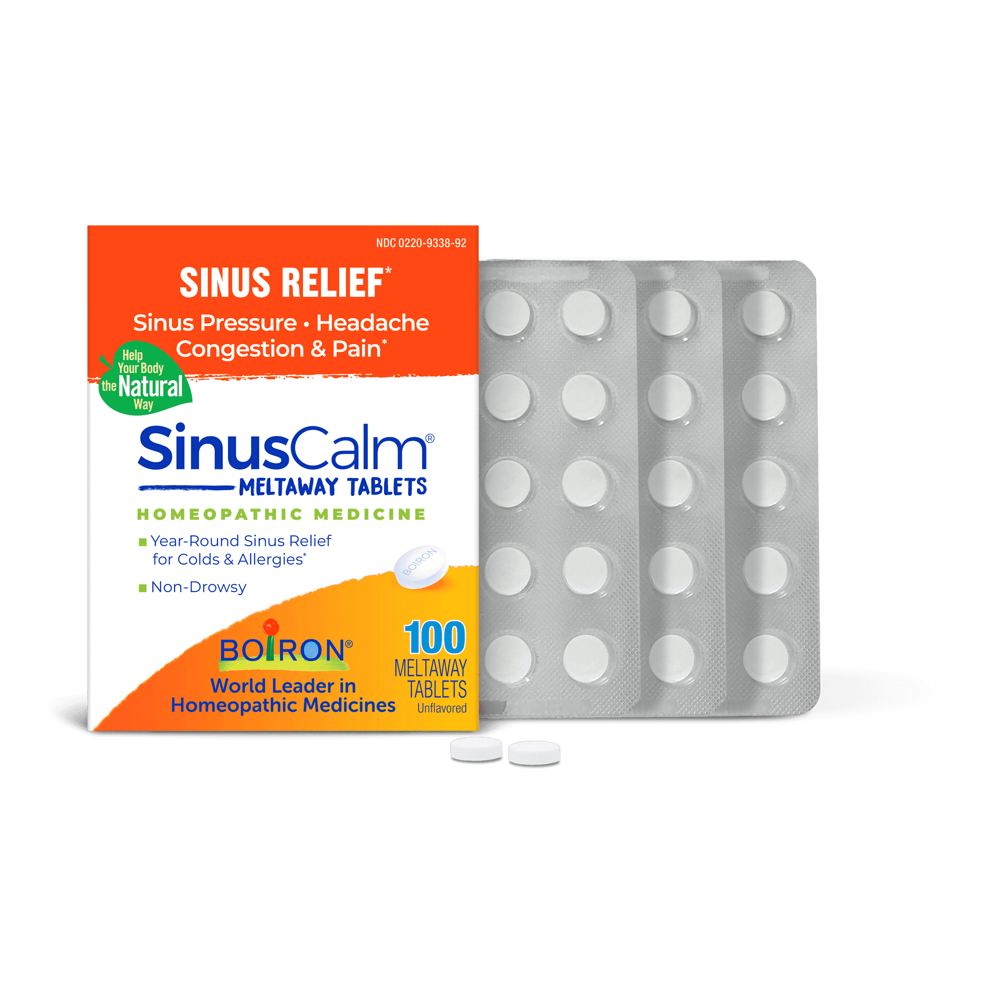 Boiron SinusCalm Tabs - 100 Count for Sinus Pressure and Pain Relief, Runny Nose, Congestion, Headache - Sinus Calm Meltaway Tablets