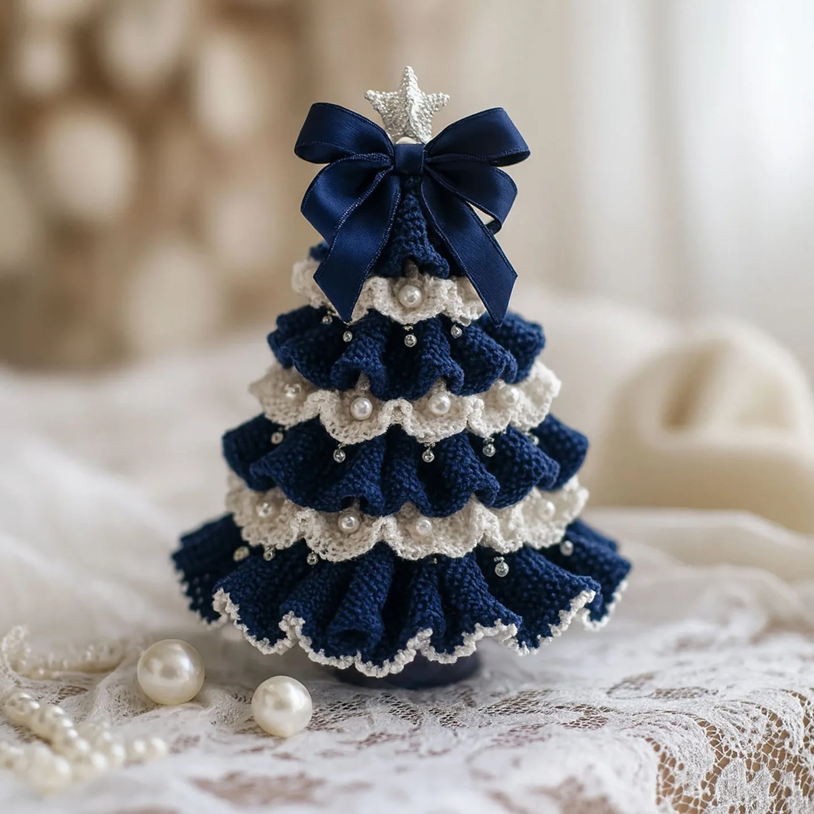 OIUR DIY Crochet Christmas Tree Kit Small Xmas Tree Craft Kit with Bow And Faux Pearl Handmade Holiday Decoration for Beginners