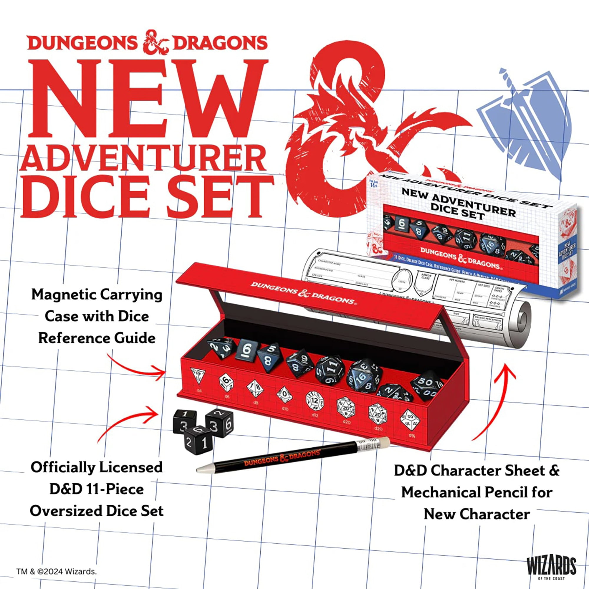 Dungeons & Dragons: D&D New Adventurer Dice Set: Black - 11 Oversized RPG Dice, Magnetic Storage Case, Character Sheet & Pencil, Officially Licensed