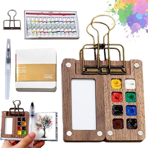 Tobios Watercolor Set, Veralea Watercolor Travel Kit, Mini Watercolor Paint Sets, Travel Water Color Set with 24 Color Paints, Wooden Grid Paint Box for Painters Artists Students (8 Grids)