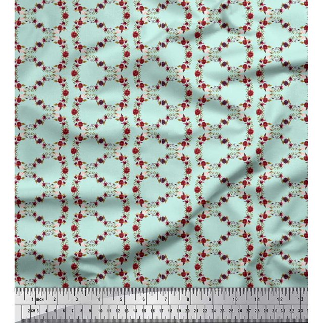 Soimoi Green Japan Crepe Satin Fabric Anemone & Roses Floral Print Fabric Prints By the Yard 44 Inch Wide