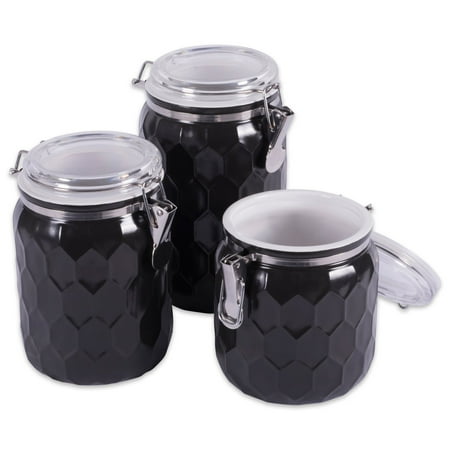Ceramic Tea Coffee And Sugar Jars DII 3-Piece Modern Honeycomb Half Matte Glaze Ceramic Kitchen Canister Jar with Airtight Clamp Lid for Food Storage, Serve Coffee, Sugar, Tea, Spices and More Black ()