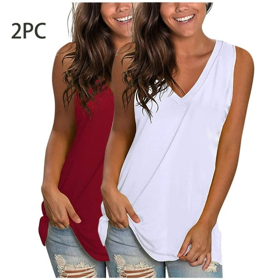 Womens Tank Tops Plus Size 2PC Sleeveless Round Neck Casual Solid Color Loose Blouses White XL