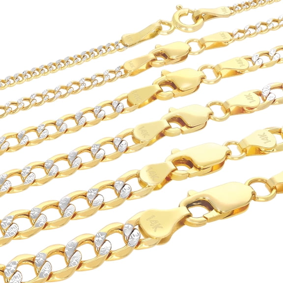 Nuragold 14K Real Yellow Gold Cuban Diamond Cut Pave Curb Link Chain Necklace 16"-26" (2.5mm-6.5mm) Italian Jewelry for Men & Women