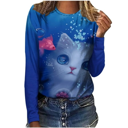 

Aueoeo Womens Holiday Tops Oversized Long Sleeve Shirts for Women Fashion Woman Crew Neck Long Sleeve T-Shirt Autumn Print Loose Blouse Tops