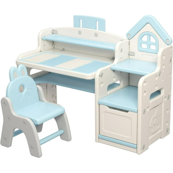 UNICOO® Kids 3 in 1 Multifunctional Desk, Kids Activity Table, Children Height Adjustable Learning Desk, Toddler Drawing Table Art Table with Chair Set (QB-002-BL Blue)