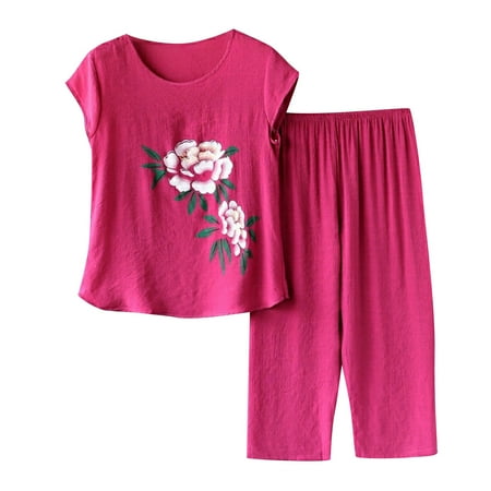 

Xihbxyly Linen Sets for Women 2 Piece Button Down Pajamas for Women Plus Size Summer Outfits Printed Loungewear Short Sleeve Button Down Two Piece Shirt Cropped Pants Hot Pink XXXXL