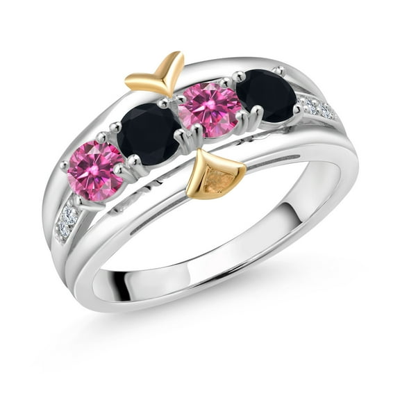 Gem Stone King 925 Silver and 10K Yellow Gold Band Ring Round Pink Moissanite and Onyx Black (0.95 Cttw, Size 8)
